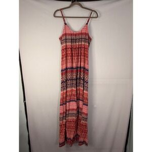 Marina Luna Maxi Dress Womens XS Red Blue Geometric Tribal Boho Spaghetti Strap